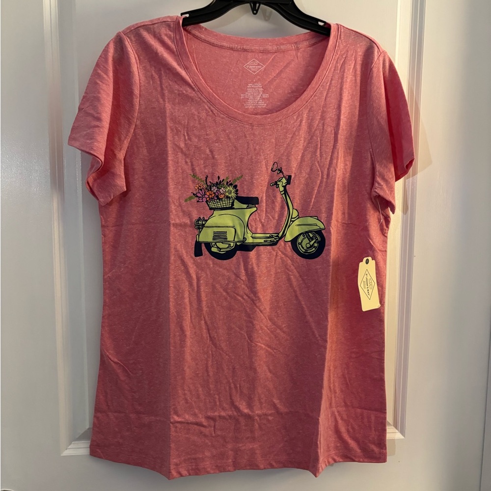 St John’s Bay Pink Graphic Scooter Tee Sz Large NWT